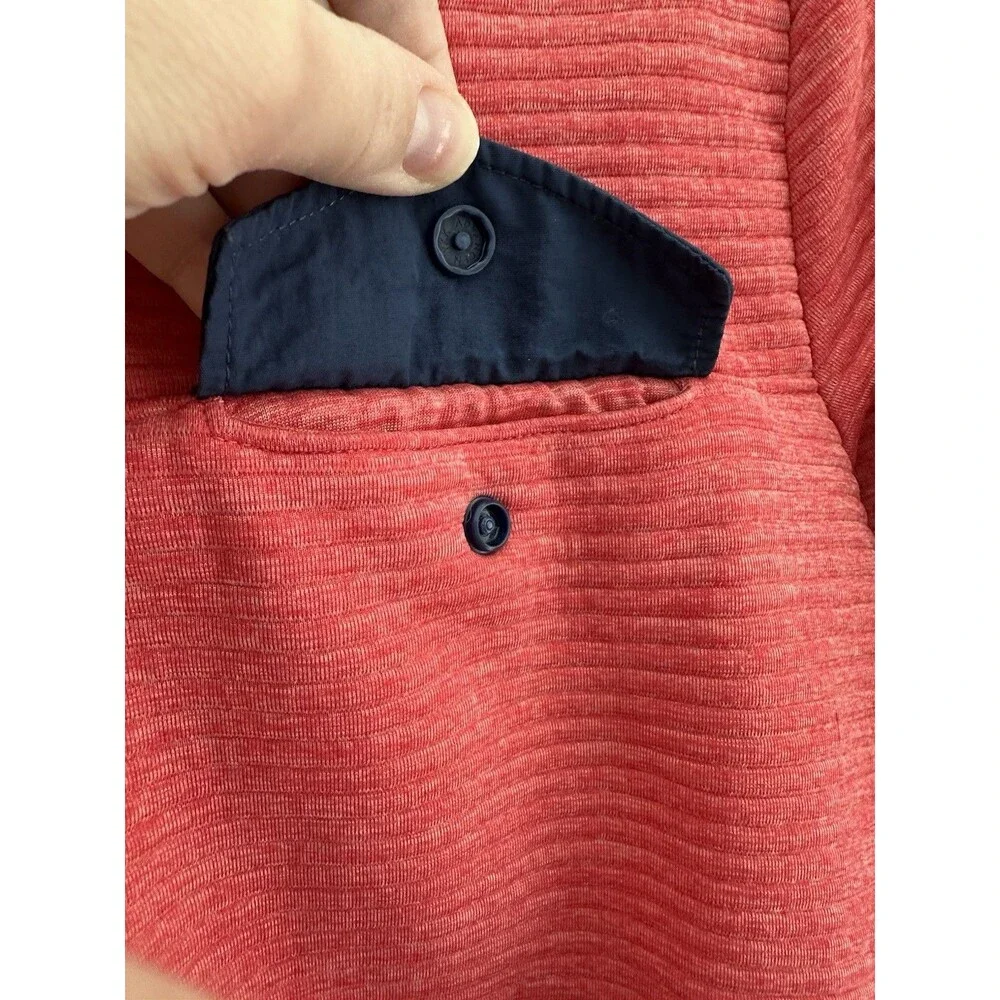 J.Crew Men's S BJ131 Textured Ribbed Snap Neck Fleece Pullover Coral Pink Navy